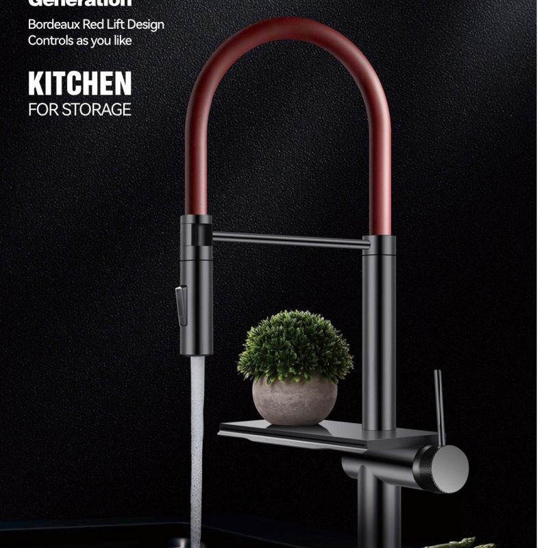 New Waterfall Şelale Tarzı Mutfak Bataryası Brushed Grey/Matte Red Pıpe C8736-U